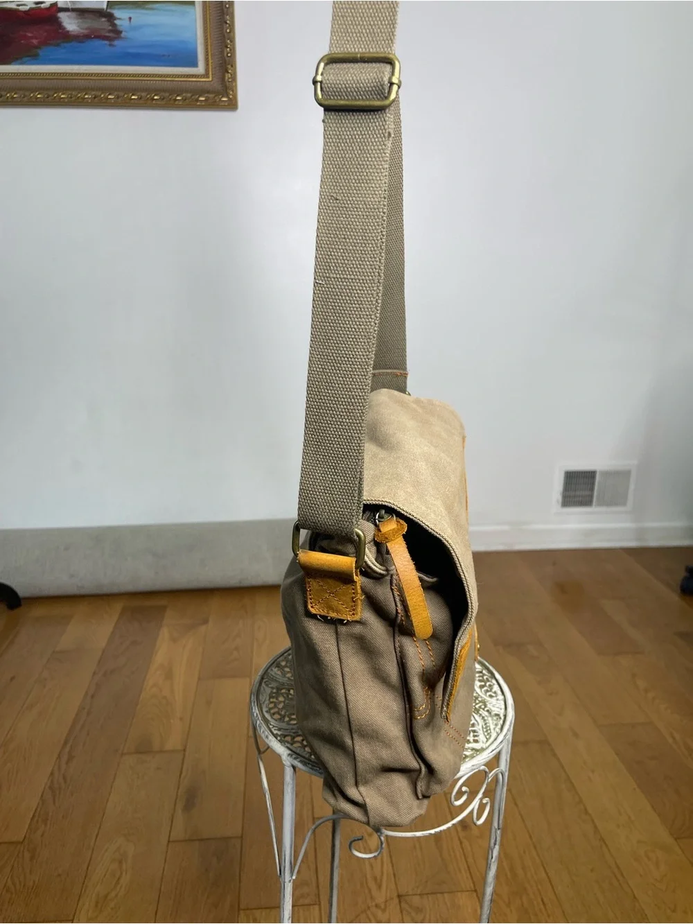 Augur Canvas Messenger Bag in Tan with Leather Trim